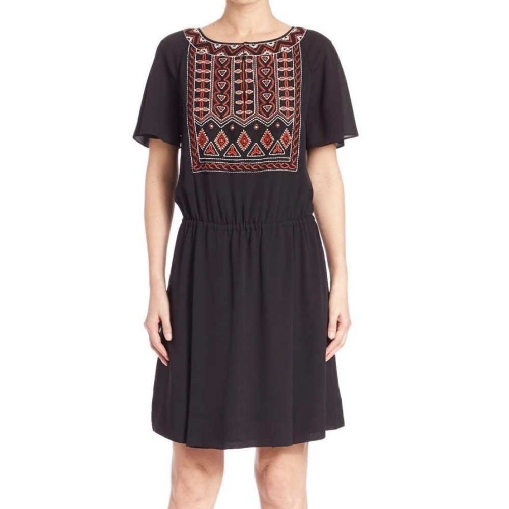 Tory Burch Black Silk Embroidered Boho Mini Dress Flutter Sleeve Sz 0. 30243